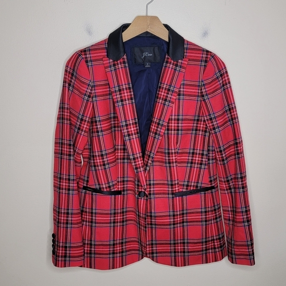 J. Crew | Parke Blazer in Red & Black Tartan Plaid Black Satin Collar Size 4 - Picture 1 of 7